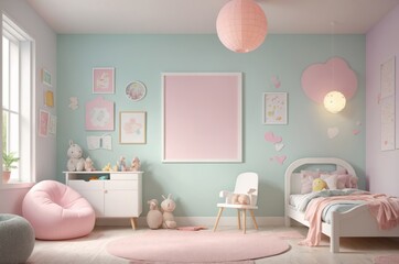 Light and airy girl bedroom with blank canvas pink and green color scheme