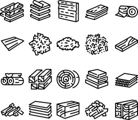 Wooden production line black icons set. Signs for web page, mobile app