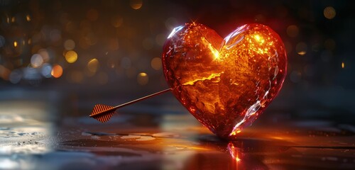 An elegant 3D rendered background of a heart with an arrow through it, featuring detailed textures and realistic light reflections that highlight the heart's curves.