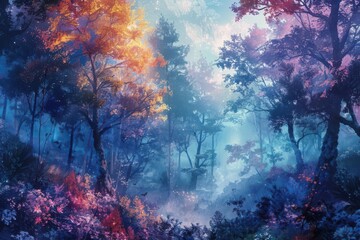 A panoramic view of an enchanted forest, with towering luminescent trees, colorful mystical flora, and wisps of ethereal mist, painted in vivid digital watercolor technique