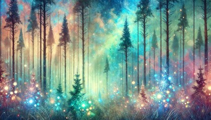 A magical forest scene with tall, ethereal pine trees