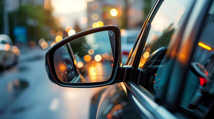 Close-up of a car's side mirror with the reflection of the street