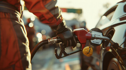 Pit crew member in action, holding fuel nozzle to refuel race car during a pit stop.