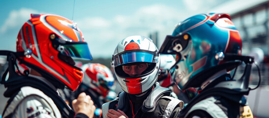 Fototapeta premium A group of drivers in racing gear strategize for the upcoming race.
