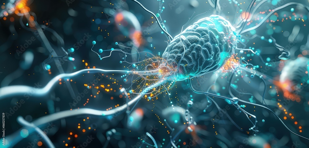 Poster an elegant 3d rendered image of a neuron, highlighting its synaptic connections and surrounded by ab