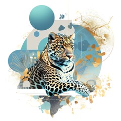 Minimalistic Psychedelic Digital Illustration of a Leopard with Blue and Gold Accents