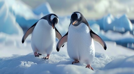 Obraz premium Two penguins walk on a snowy surface.