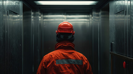 Maintenance worker inspects elevator interior Elevator technician repairs