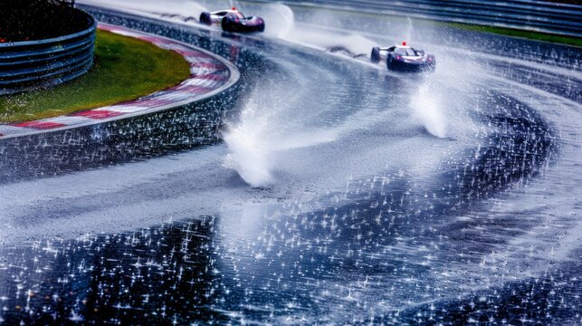 a group of Formula One race cars racing on a wet race track.