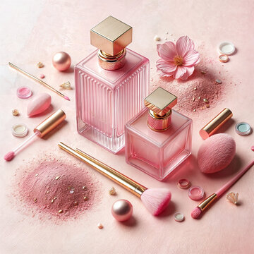 pair of pink perfume flacons and coloroful pigments dust , cosmetic bottle presentation mockup