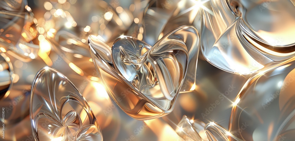 Poster an elegant 3d rendered scene of abstract glass shapes, showcasing intricate designs and beautiful li