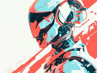 Minimal and Psychedelic Digital Illustration of a Futuristic Robotic Head with Abstract and Geometric Elements