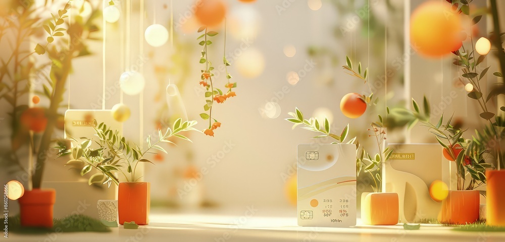 Poster an elegant 3d rendered scene of a bank card with a lively 3d cartoon design, showcasing whimsical de