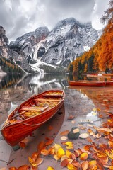Fototapeta premium Autumnal Rowboat Moored in Front of the Dolomites