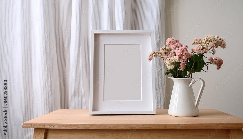 Poster empty white photo frame or poster mockup vase with pink flowers bouquet on light beige wooden table 