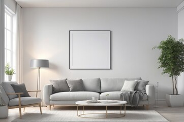 Minimalist living room interior design with grey sofa coffee table and floor lamp white backdrop with blank framed canvas