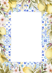 Lemon, flowers, olives and blue Mediterranean tales. Watercolor illustration for cards, invitation, background, print.