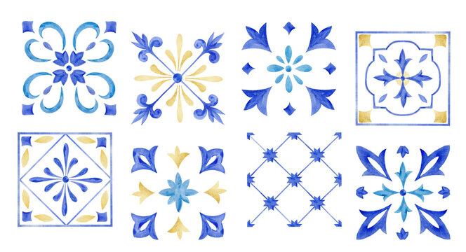 Watercolor decorative Mediterranean tiles elements set. Ornamental design for wrapping paper, textiles, postcards, stationery, borders.