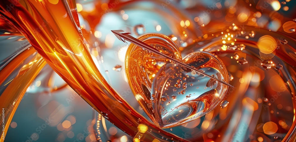 Poster an elegant 3d rendered scene of a heart pierced by an arrow, showcasing intricate designs and beauti