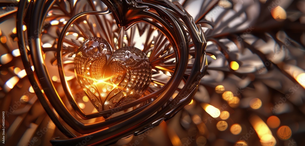 Poster an elegant 3d rendered scene of a heart pierced by an arrow, showcasing intricate designs and beauti