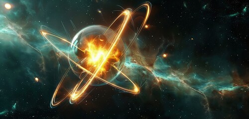 A beautiful 3D rendered image of a physics atom, highlighting the electrons orbiting around the nucleus with glowing trails, against a dark, cosmic background.