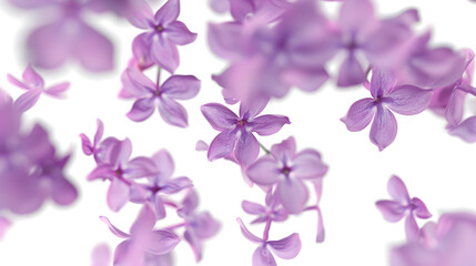 Obraz premium Many beautiful flying lilac flowers isolated on white : Generative AI