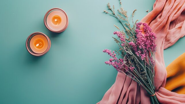 flat lay header image, color palette of muted teal, amber and pink