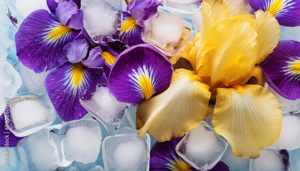 Poster abstract art with close up of purple and yellow iris flower petals frozen in ice water