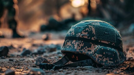 Fototapeta premium Camouflaged Military Helmet Abandoned on Dusty Ground at Sunset