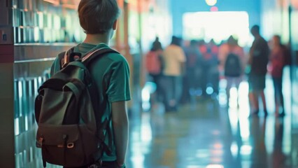 Lonely boy with backpack in school hallway. Students walk background. Solitude concept. Sad alone schoolboy stand college corridor and cry. School bullying. Classmates conflict. Stress. - Powered by Adobe