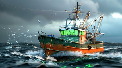 Fototapeta premium A Green And Orange Fishing Vessel Navigates Rough Seas With Seagulls Flying Around
