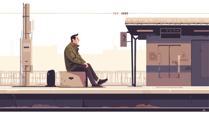 Man sitting on railway platform. flat vector style 