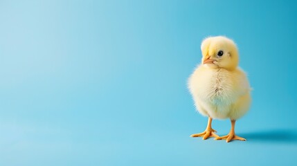 A fluffy yellow chick standing on a blue background.