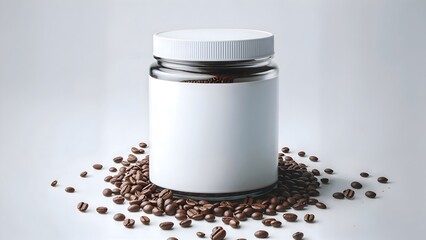 A mockup of a coffee jar with a completely white label surrounded by scattered coffee beans on a white background