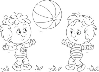Funny little boys merrily playing a big striped ball on a playground in a park, black and white vector cartoon illustration for a coloring book