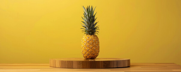 Vibrant yellow background with a polished wooden podium shaped like a pineapple. The platform is ideal for a tropical-themed fruit display