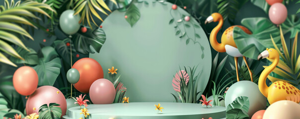 A podium surrounded by animal-shaped balloons, with a jungle-themed birthday background featuring exotic plants and wildlife