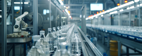 A highly efficient bottling factory production line for beverages, showcasing the latest in automation technology. The scene includes robots conducting quality assurance checks, a seamless conveyor