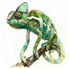 A curious chameleon blending with its surroundings, illustrated in lively watercolor strokes, beautifully isolated on a pristine white background