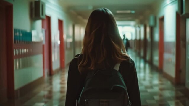 Young girl with backpack walks down school hallway. Female student study indoor campus. Teenager at empty college corridor hurry class. Schoolgirl wear uniform. Education and knowledge. Bad atmosphere