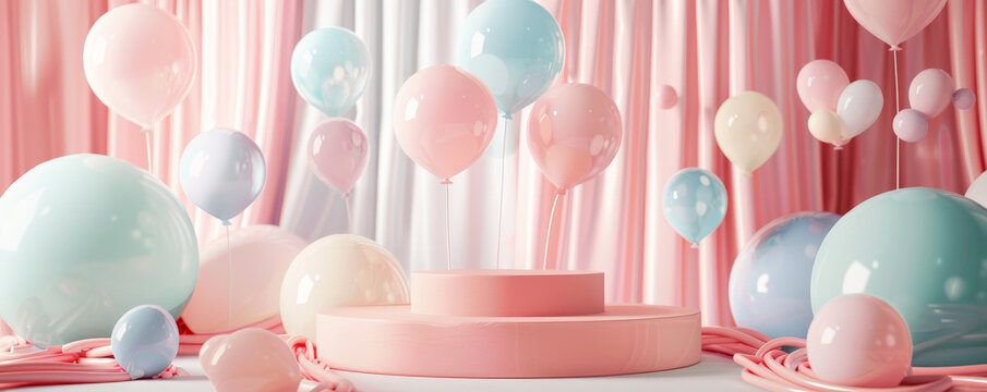 A podium highlighted by an array of balloons in pastel colors, complemented by a soft, dreamy birthday-themed background