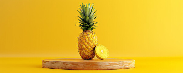 Vibrant yellow background with a polished wooden podium in the shape of a pineapple, ideal for a tropical-themed fruit product showcase