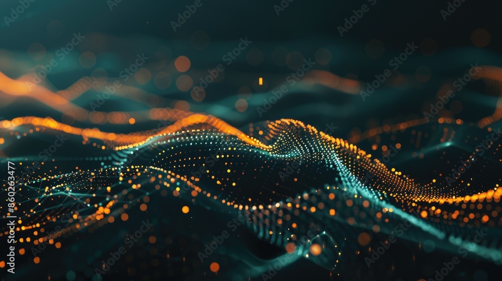 Poster abstract art of digital network with glowing orange and blue dots on a dark background. digital art 