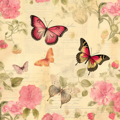 vintage floral paper with butterfly, design grunge. scrap booking backgrounds, wallpapers with butterfly.  vintage butterfly and plant frame card design with copy space.