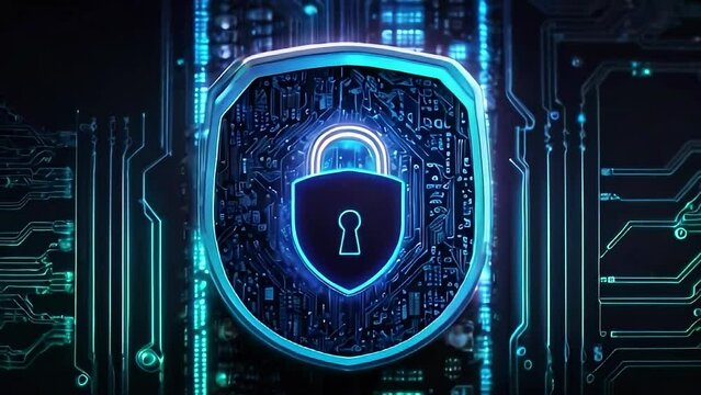 Blue neon lock symbol on electonic digital circuit board. Concept of the spread of security and data protection, cyber security, technology, digital security and IT infrastructure. AI
