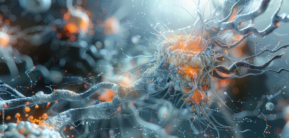 Poster an elegant 3d rendering of a neuron, depicted with intricate detail and surrounded by abstract repre