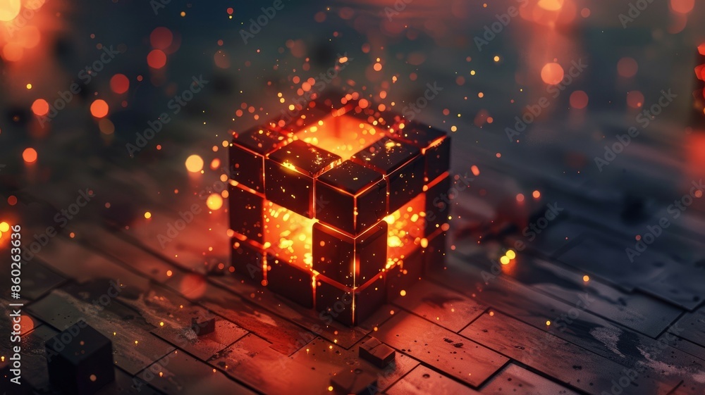 Poster visualization of blockchain technology, showing digital network connections and blocks in a futurist