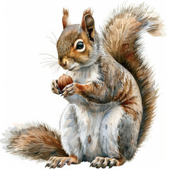 Obraz premium A playful squirrel with a nut in its paws, illustrated in lively watercolor strokes, beautifully isolated on a pristine white background