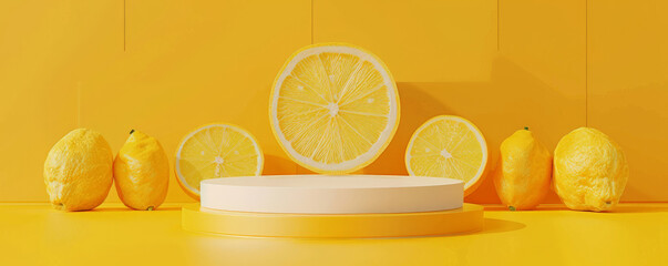Yellow citrus-themed background with a sleek, modern podium in the shape of a lemon slice. Ideal for showcasing fruit products with a fresh and zesty vibe