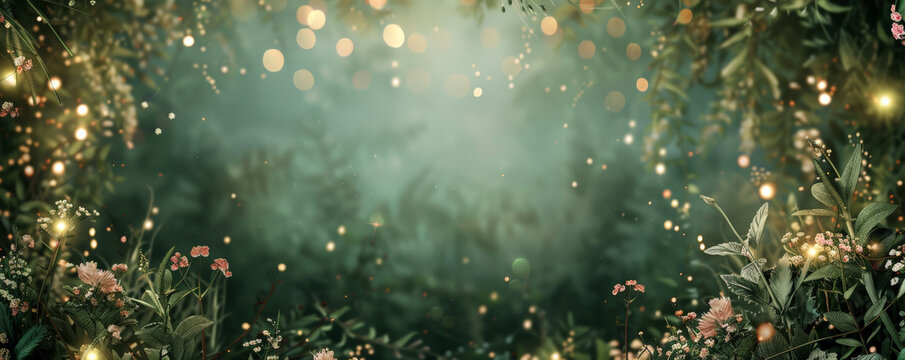 Enchanted garden wedding mockup card background with a lush, green backdrop and twinkling fairy lights. Delicate floral arrangements and a soft glow create a magical setting.